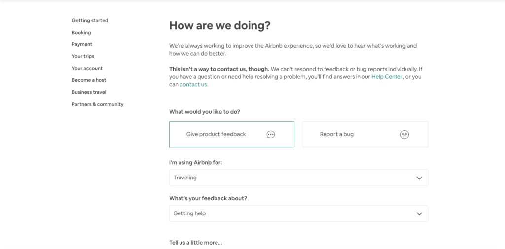 Airbnb Help Center Feedback