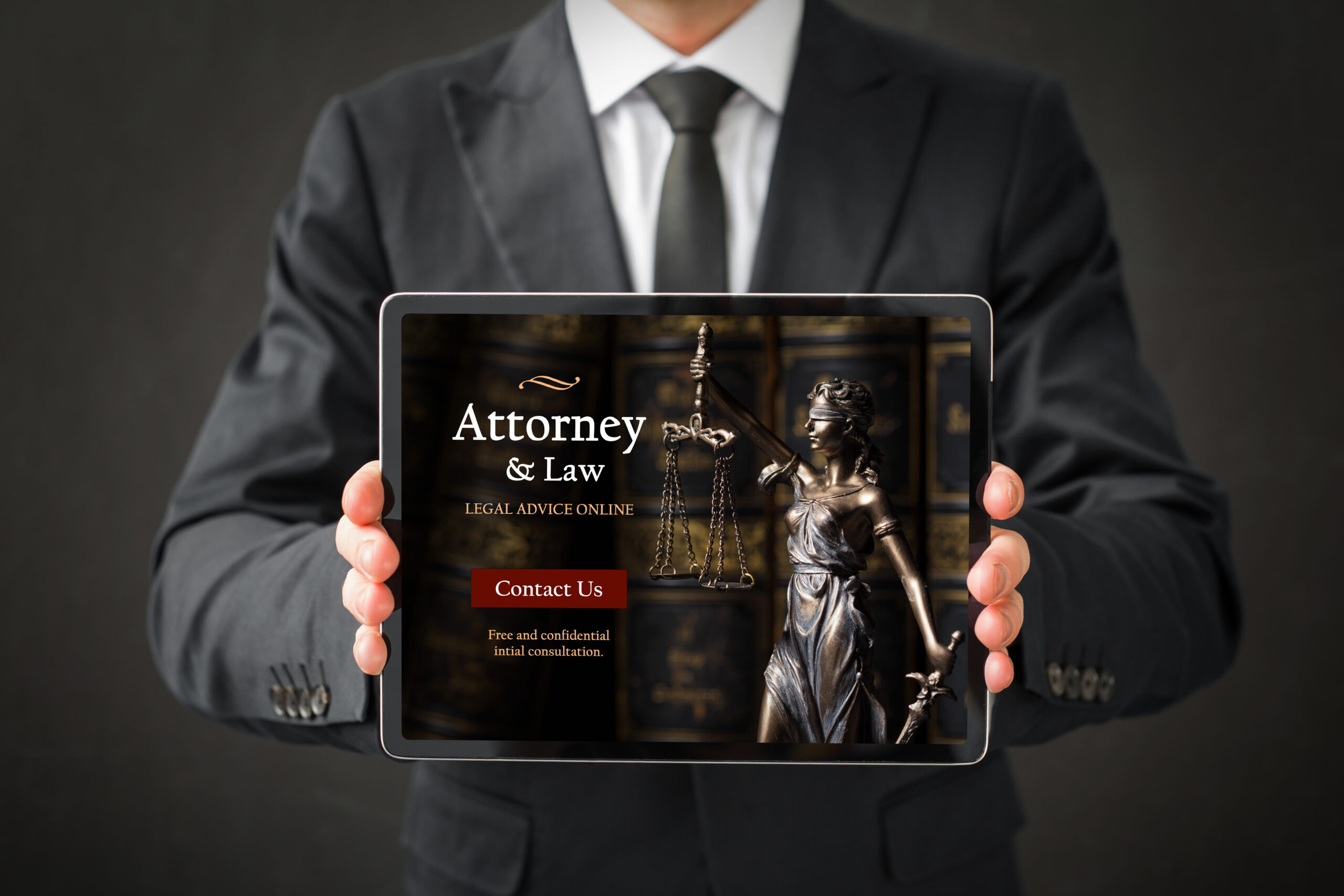 Lawyer holding tablet with the website homepage showing